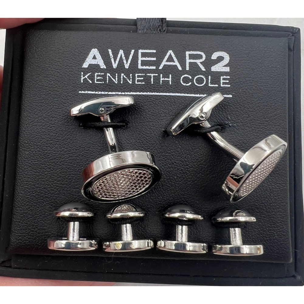 AWEAR 2 Kenneth Cole Cufflinks & Stud Set Men's Silver Tone Micro Check NIB